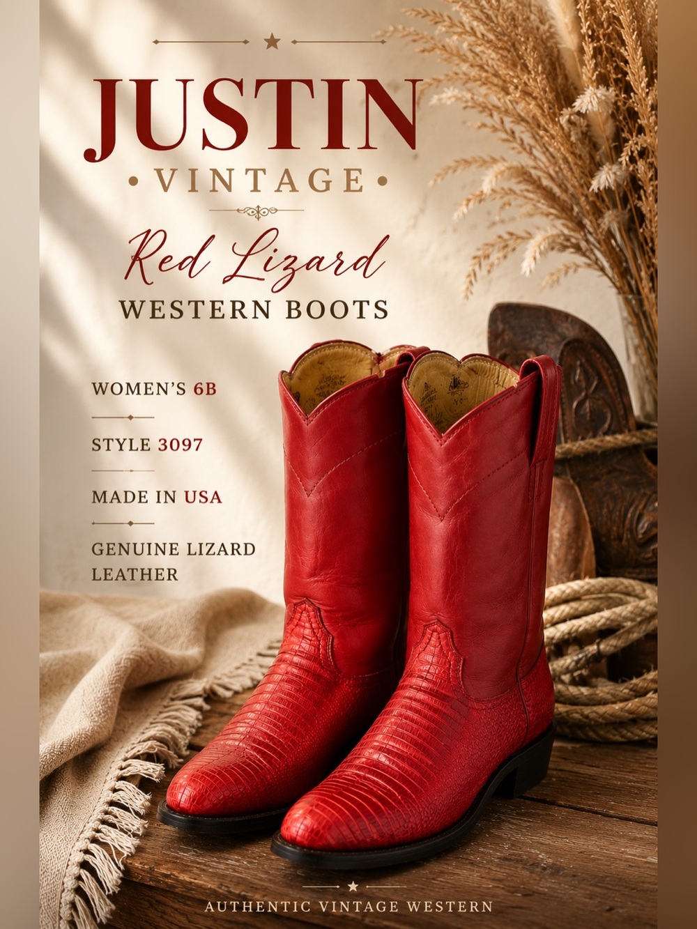Justin Vintage Red Genuine Lizard Western Cowboy Boots Women’s 6B Made in USA